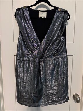 Madison Marcus Iridescent Silk Blend Gunmetal Sleeveless V-Neck Mini Dress